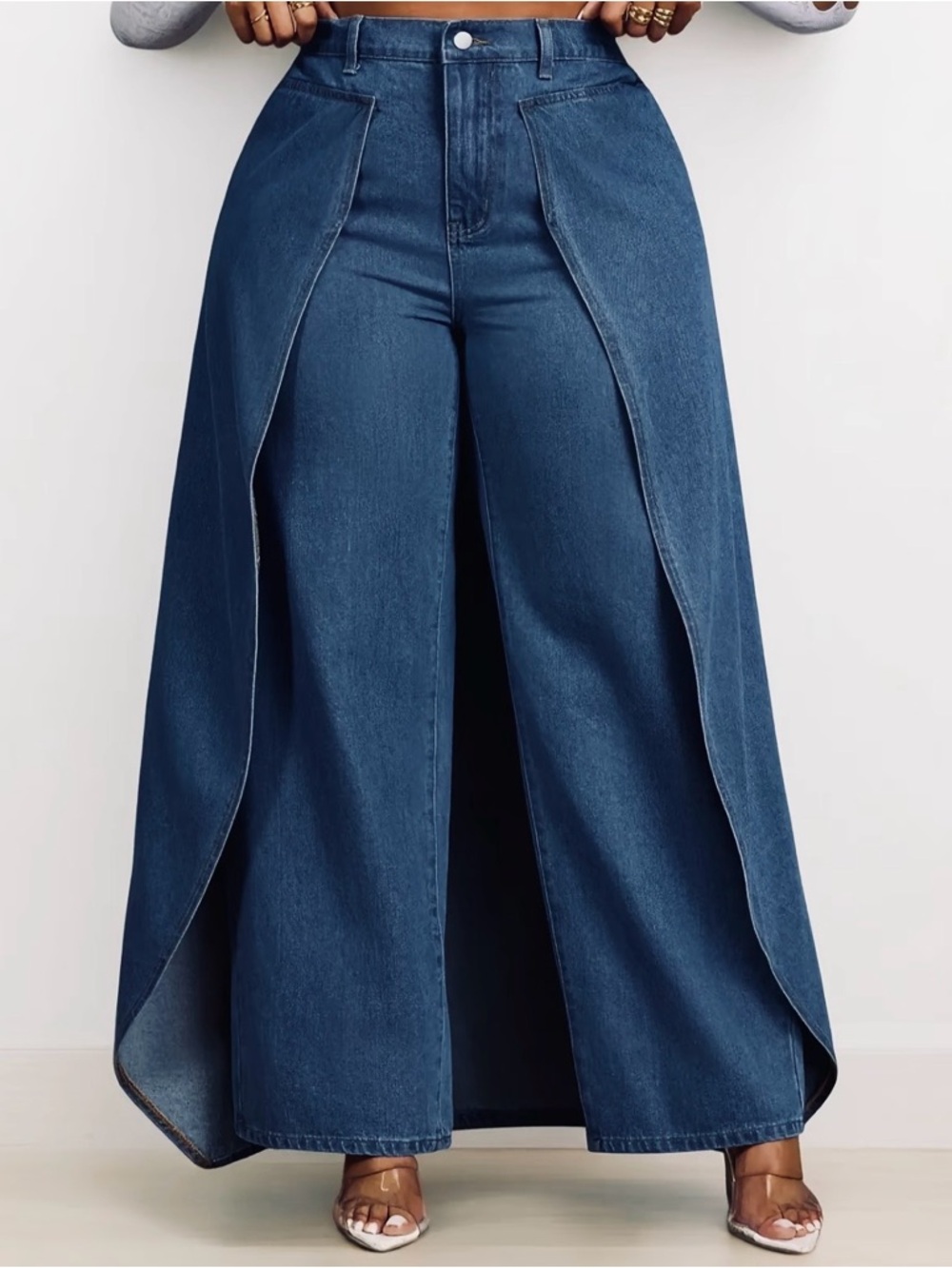 Womens Faux Two Piece Denim Jeans 2XL Wide Leg High Rise Elastic Waist Loose Fit